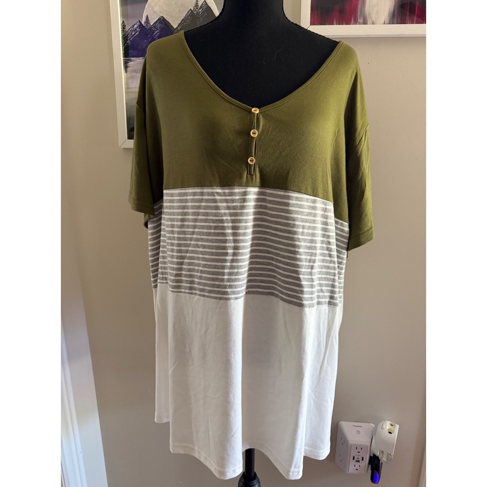 Army Green Colorblock Striped Henley Tunic Top Short Sleeve XXXL RD3105